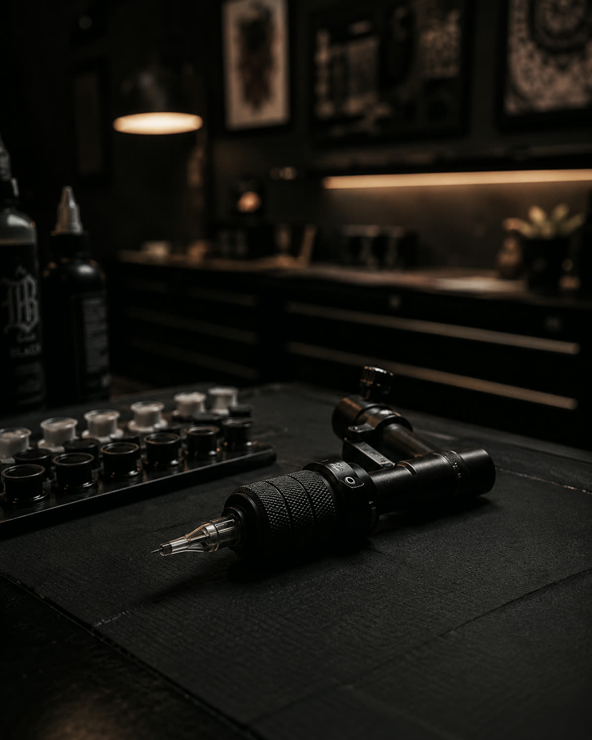 Inside Winnipeg Tattooz — rotary machine, ink caps and warm studio light