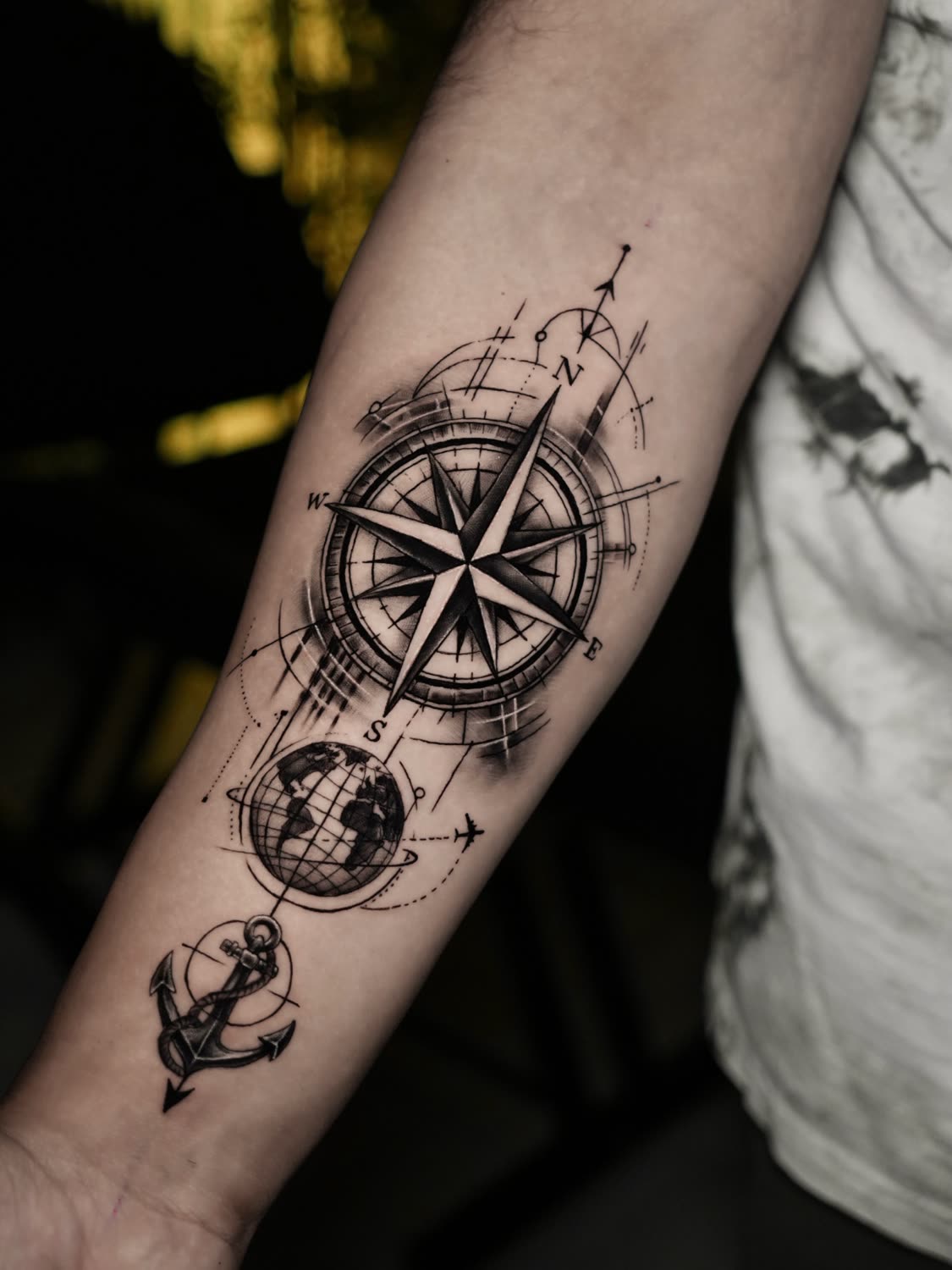 Compass, globe and anchor black and grey tattoo