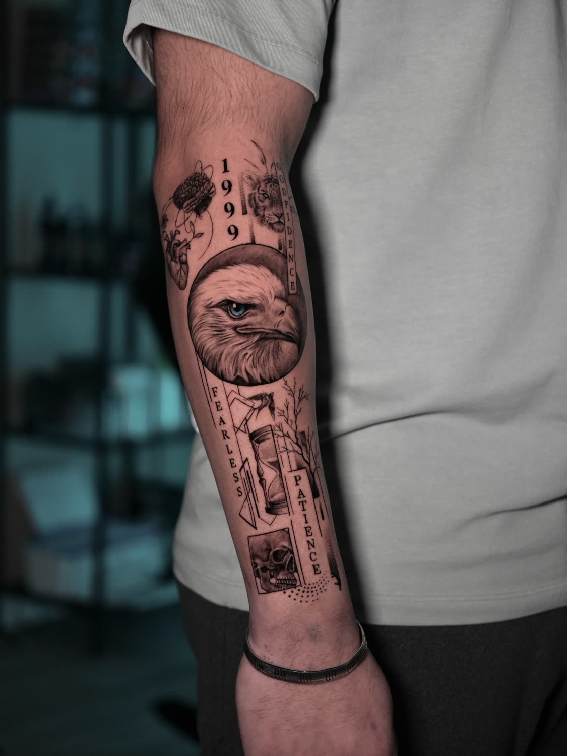 Story sleeve with eagle, hourglass, skull and lettering
